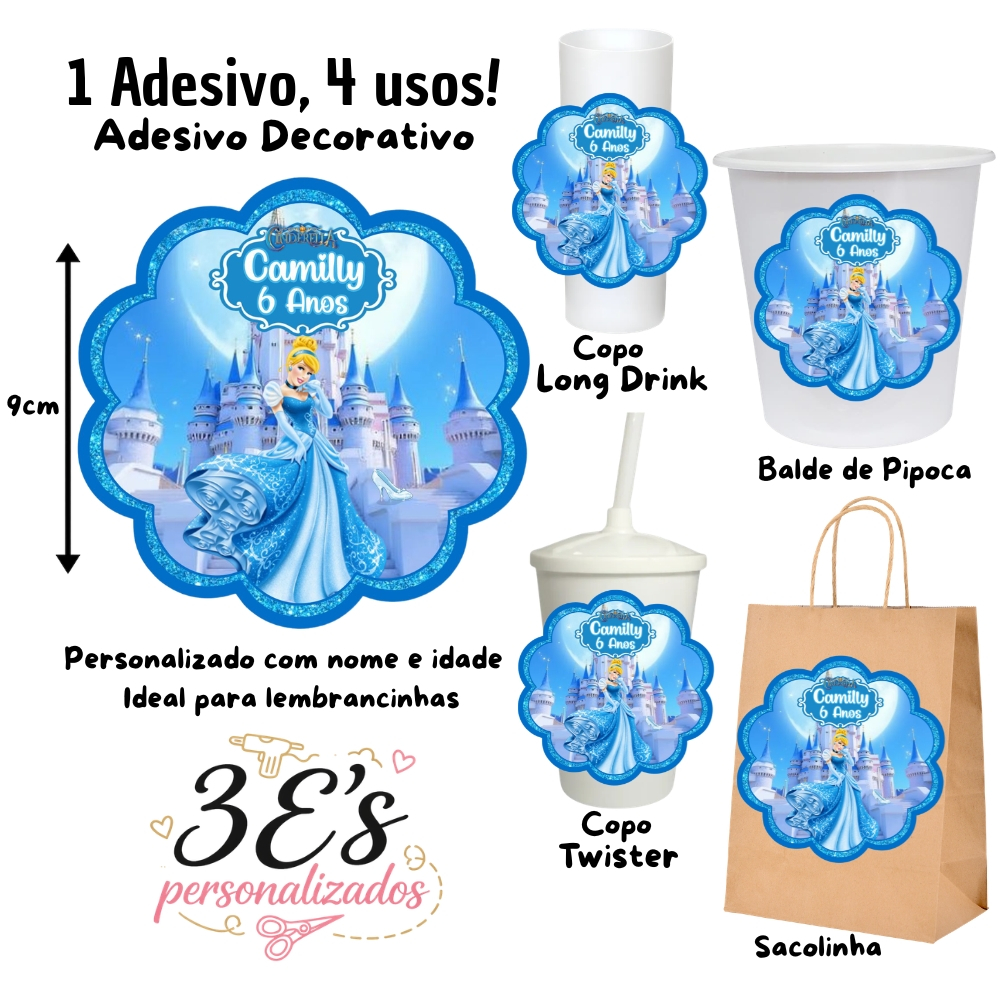 Cinderela Adesivos Personalizados Sacolinhas Balde de Pipoca Copo Twister Copo Long Drink