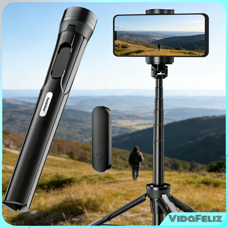 Tripé telescópico de 155 cm, bastão de selfie com controle remoto sem fio, compatível com todos os celulares