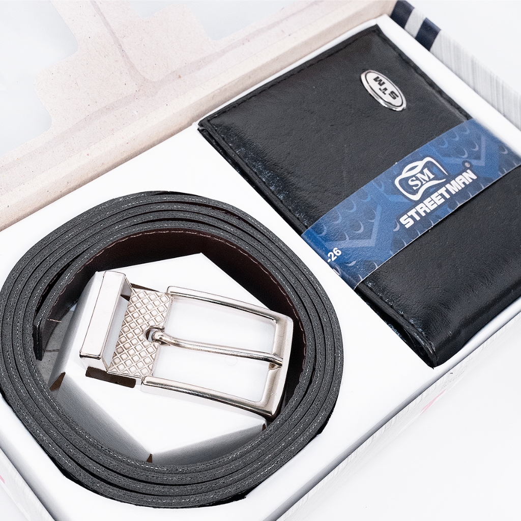 Kit Cinto Masculino em Couro Sintético Fivela Ajustável + Carteira Social Courino Reforçado
