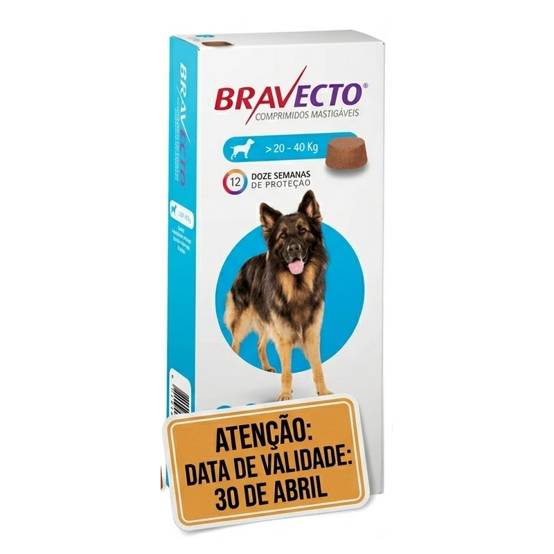 Antipulgas e Carrapatos Bravecto 1000mg para Cachorros de 20kg até 40kg com 1 comprimido