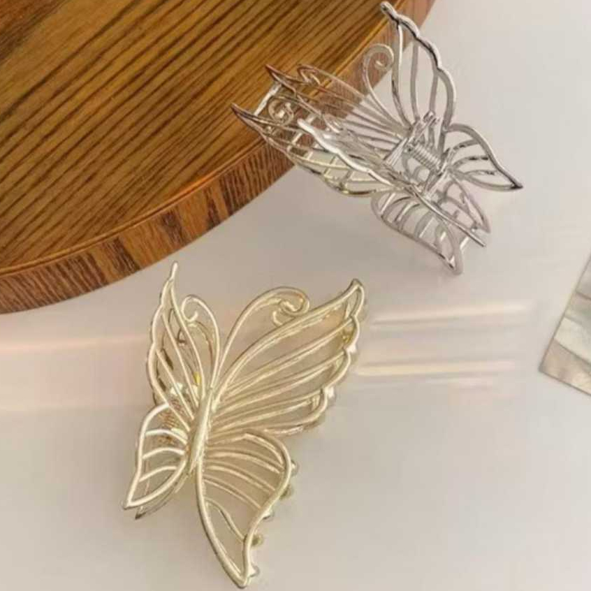 Presilha de Cabelo Borboleta Piranha de Metal Luxo Dourada