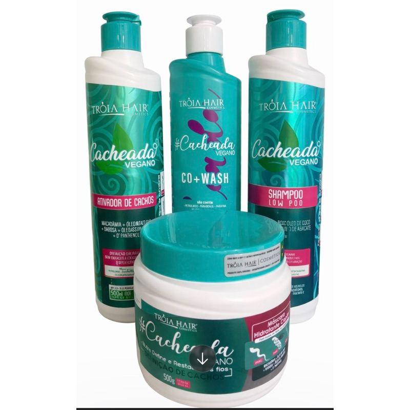 Kit Capilar Cachos Vegano Tróia Hair Completo – Shampoo Low Poo + Co-Wash + Ativador de Cachos + Máscara Hidratante 500g