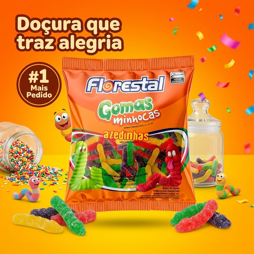 Bala Goma Minhoca Azedinha Florestal 500g Sabores Sortidos Para Festas E Doces Saquinho Surpresa