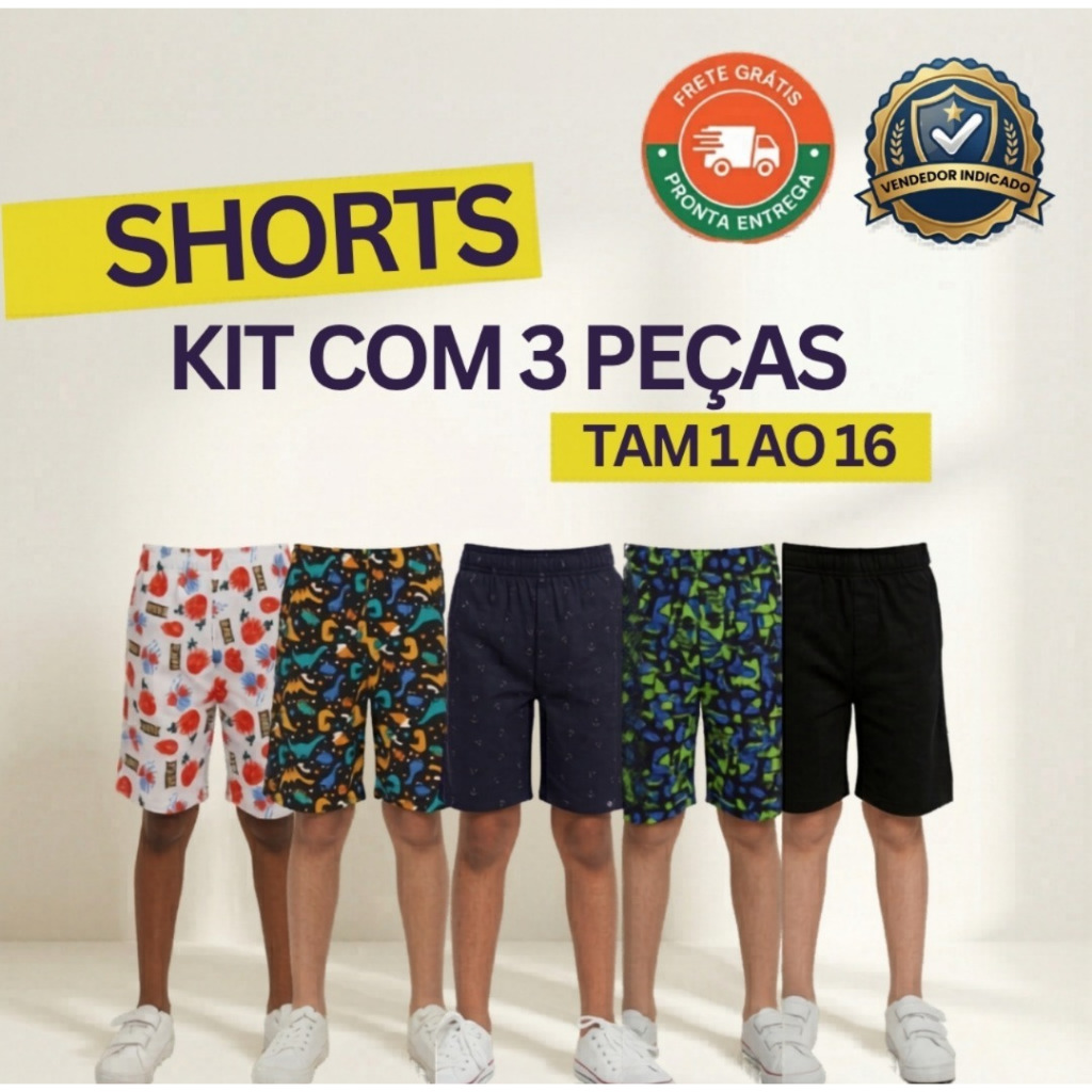Lote 3 Shorts Infantil Masculino Menino Bermudinha Verão Confortável Roupa de Calor Barato 1 ao 16