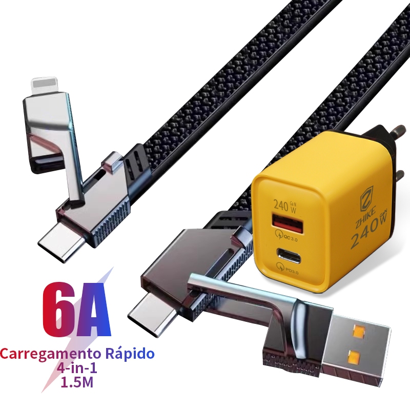 Cabo Carregador Celular Carregamento Rápido 4 em 1 Tipo C V8 Adaptador 1M Trançado Charger Cable em Oferta na Shopee