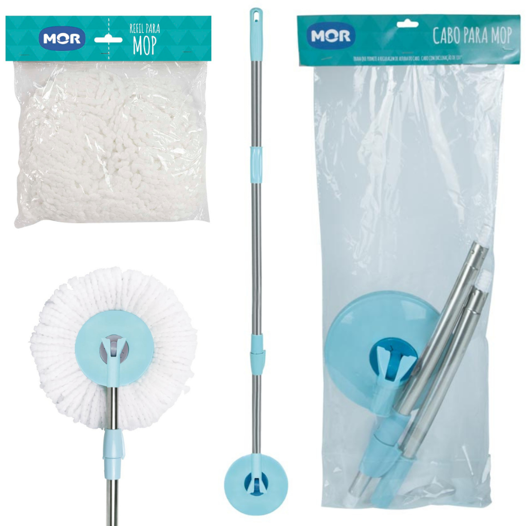 Kit Cabo para Mop 8 e 13L +  Refil Esfregão Limpeza Refil Extensor Giratório Mor