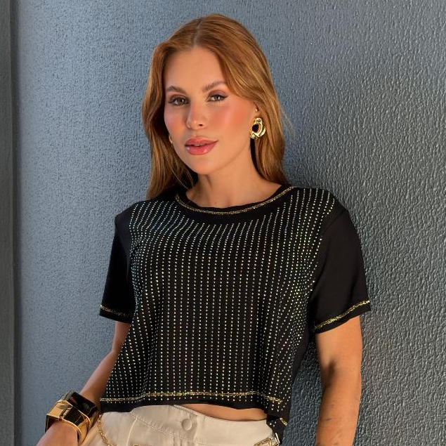 Cropped Blusa Feminina Moda Blogueira Com Brilho Tendencia Em Viscolycra Manga Curta Envio Imediato