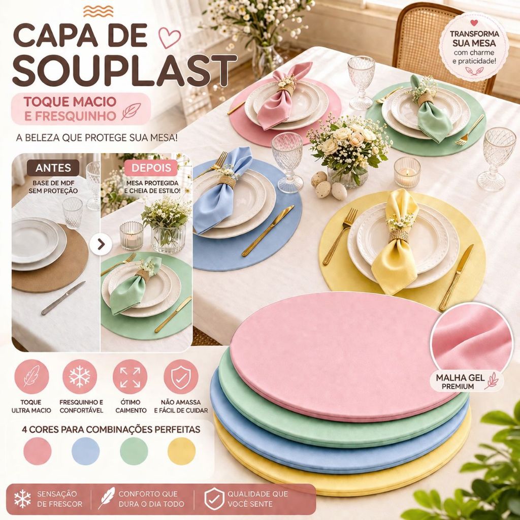 Capa de Souplast colorido/mesclado Malha Gel Premium Lavável Não Amassa Jogo Americano Redondo Mesa Posta