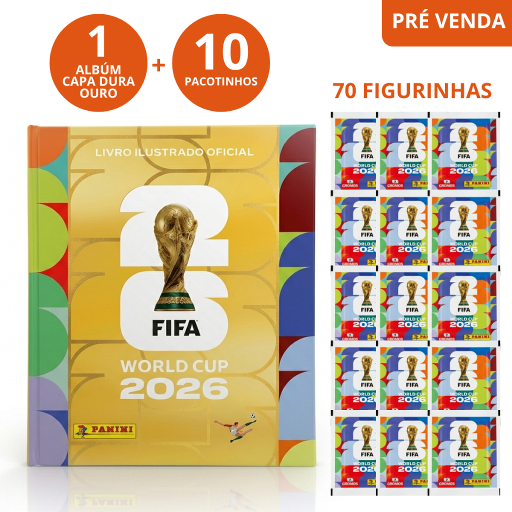 Álbum Ouro Copa do Mundo 2026 Panini: Capa Dura Especial Limitada + 10 Pacotinhos (70 Figurinhas) Originais