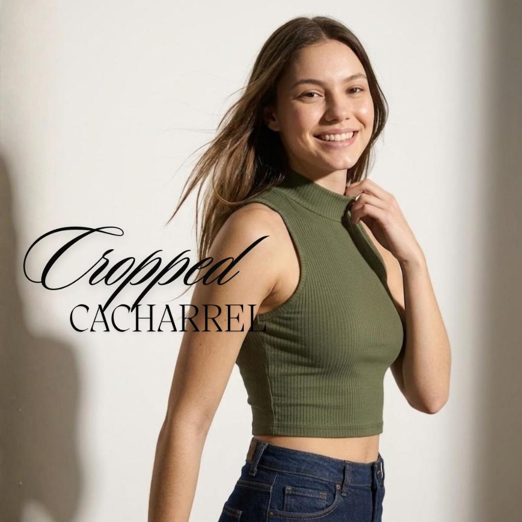 Cropped Regata Gola Alta Cacharrel Canelado Feminino Blusa Tendência Blogueira Verão