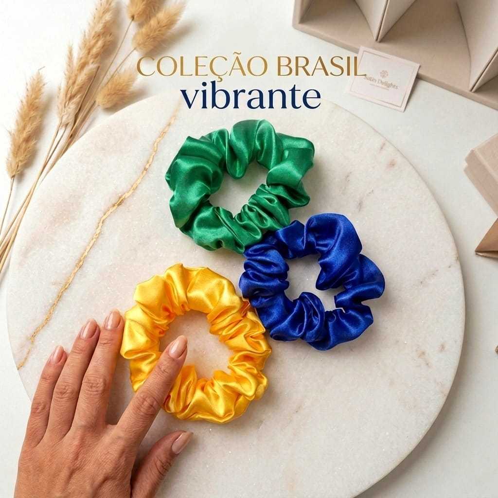 Xuxinhas de cetim seleção brasileira, amarelo, verde, azul, scrunchie de cabelo, acessórios, gominha, anti-frizz, xuxa