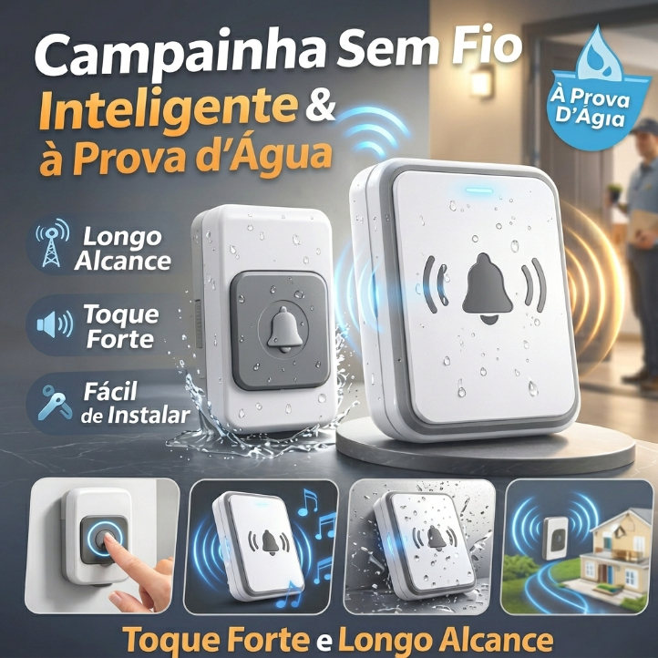 Campainha Sem Fio à Prova d’Água – Longo Alcance, Toque Forte e Fácil de Instalar