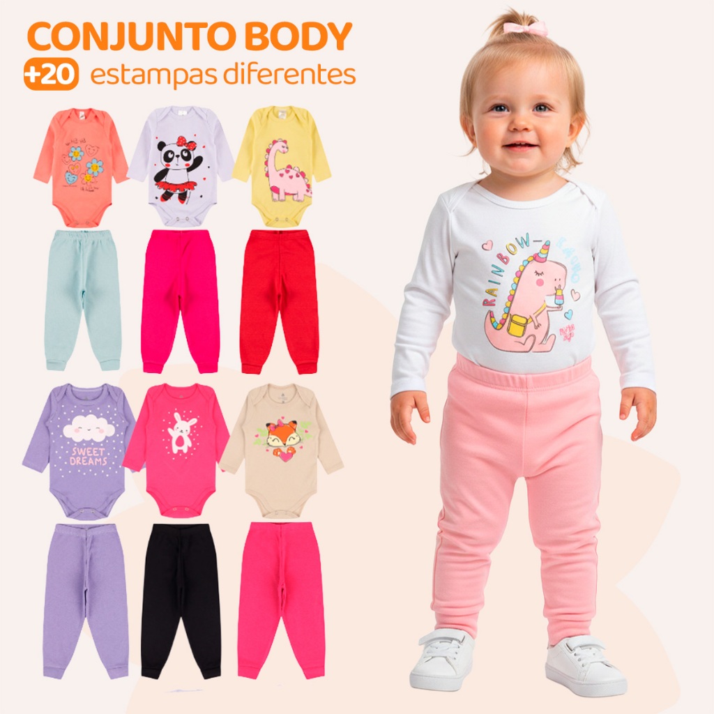 Kit 6 ou 14 Peças de Roupas para Bebê Menina (Body Longo + Calça Mijão)  Conjunto Body + Calça Roupa Infantil