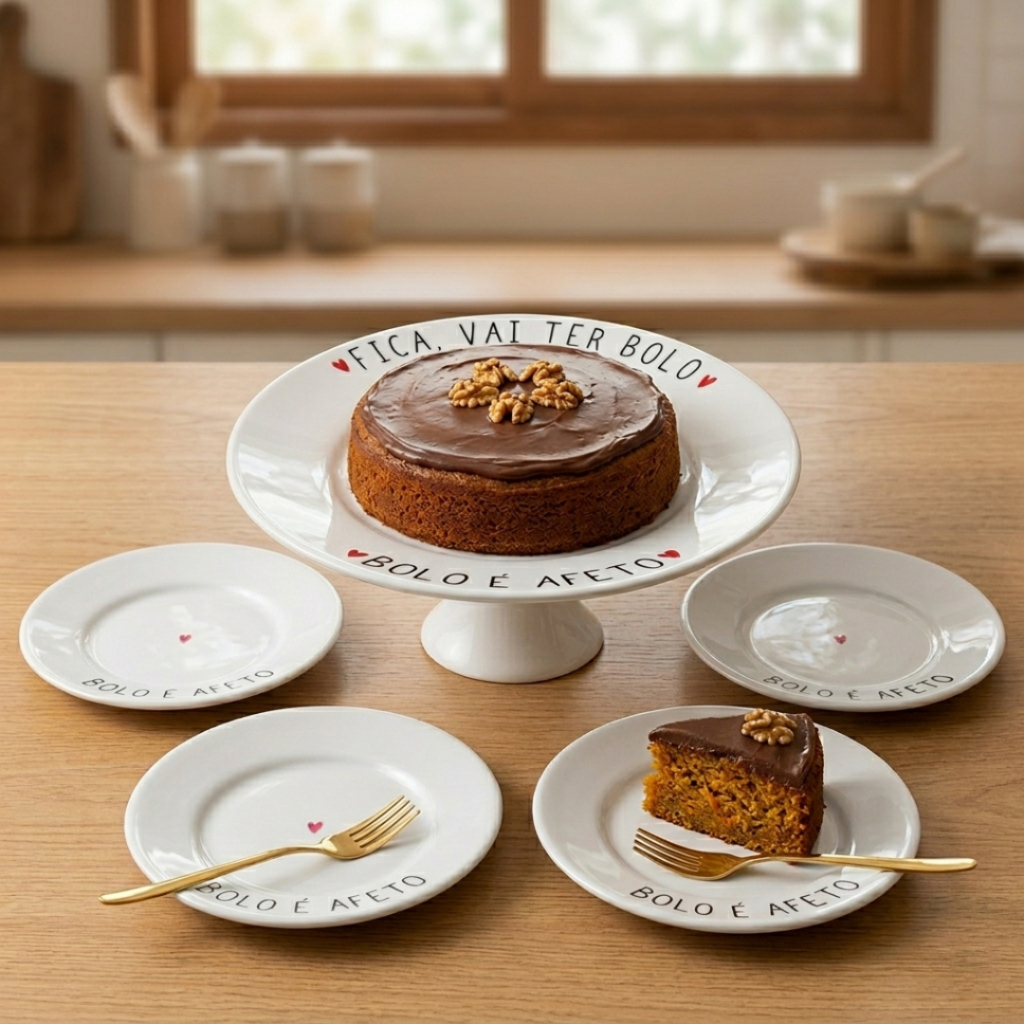 🛍️ Boleira com Pé 25cm + 4 Pratos Sobremesa “Fica Vai Ter Bolo” Porcelana Decorada Mesa Posta