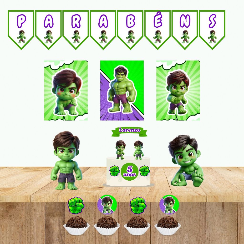 Kit Só Um Bolinho Hulk cute | Topo de bolo + Bandeirola+ Poster + Tags de doce+ Display | Decoração Festa