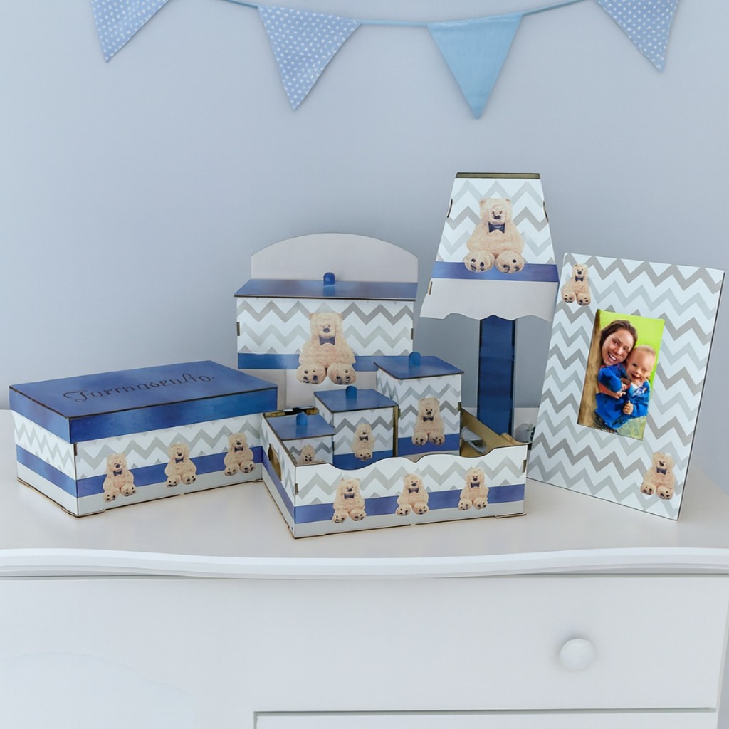 Kit Higiene Bebe Urso Azul Mdf Adesivado Organizador Quarto Menino Cuidado Na Maternidade