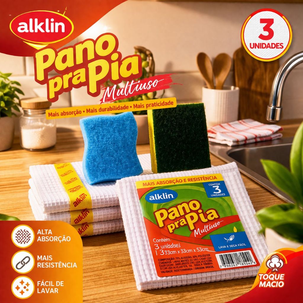 KIT LIMPEZA COZINHA 5 PEÇAS PANO DE PIA ALTA ABSORÇAO + ESPONJA MULTIUSO NAO RISCA