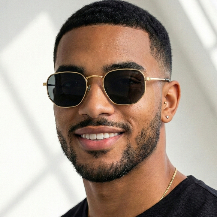 Oculos de Sol Premium Hexagonal Classico Preto Dourado Tendencia Classico uv400 Masculino Feminino