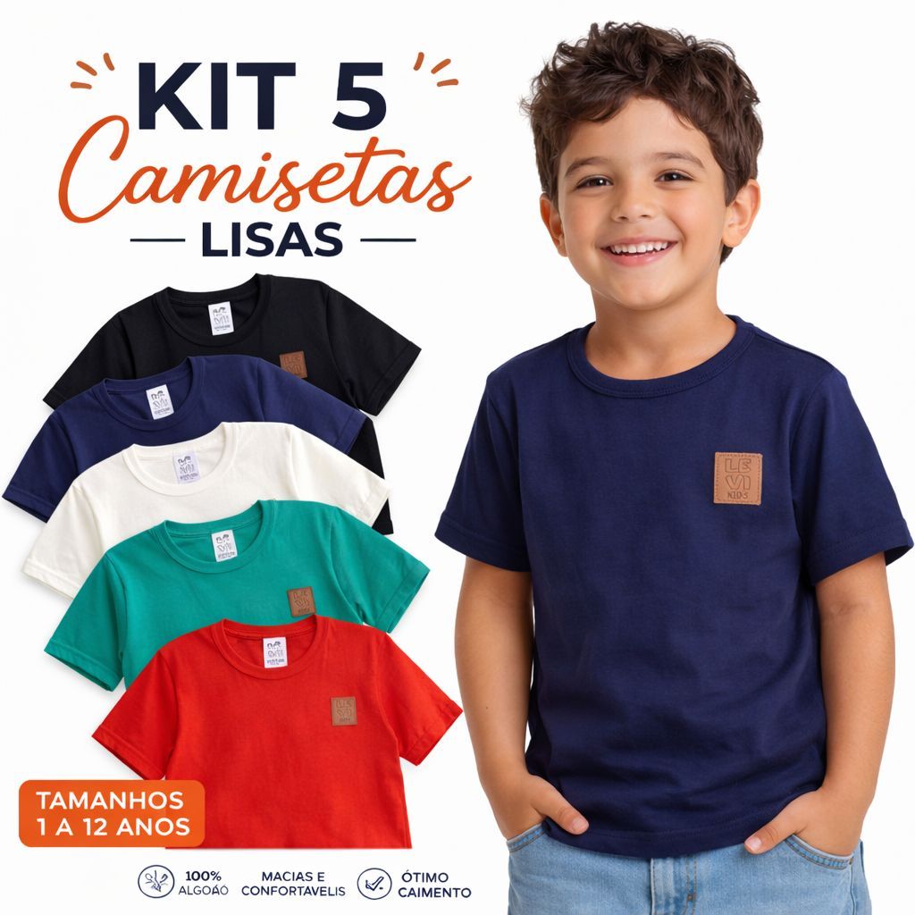 Kit 5 Camisetas Lisas Básicas MENINO Coloridas Verão 100% Algodão Confortável