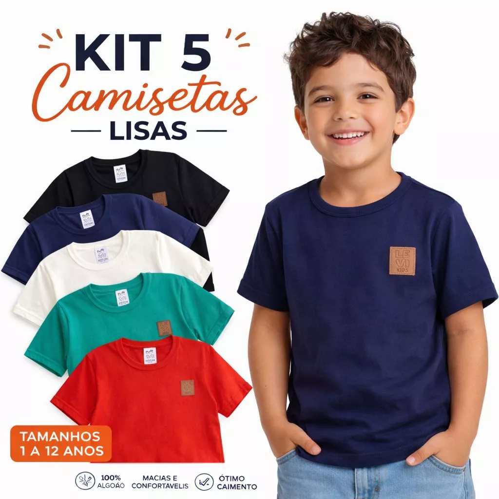 Kit 5 CAMISETAS Lisas Básicas MENINO Coloridas Verão Algodão Confortável — imagem 1