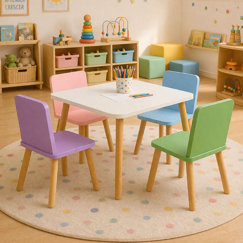 Mesa Infantil em MDF com 4 Cadeiras Coloridas Conjunto Educativo Espaço para Brincar Estudar Criar!