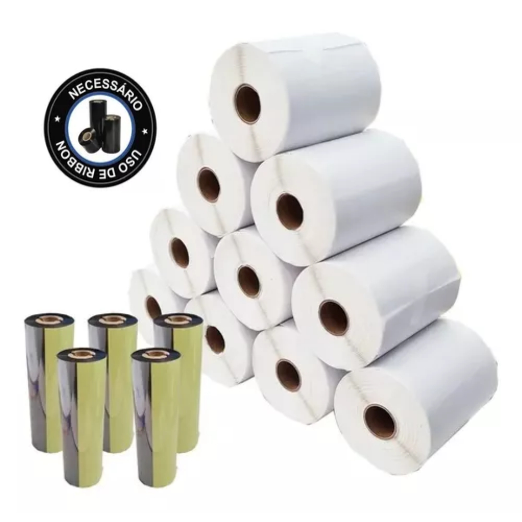 Kit 5 Rolos Etiqueta 10x15 Cm C\ Serrilha + 2 Ribbons Misto BOPP BRANCO FOSCO BORRACHA ETIQUETA A PROVA DE AGUA