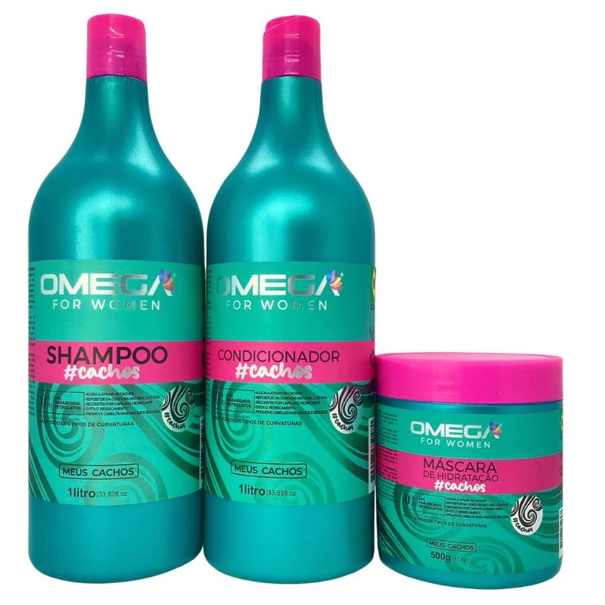 Kit Capilar Ativador de Cachos Shampoo Condicionador 1L Mascara 500g Omega Hair