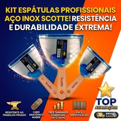 Kit Espátulas De Aço Inox com cabo de madeira 10cm 12cm 15cm Para Gesseiros e Pintores - SCOTTE