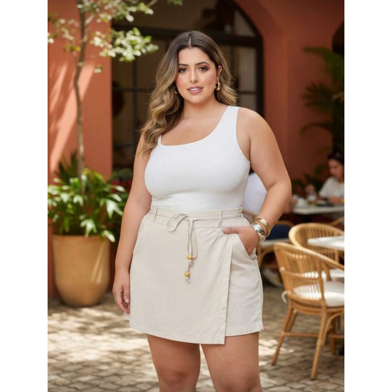 SHORT SAIA CAMILA PLUS SIZE EM LIHNO PREMIUM , CINTURA ALTA COM BOLSOS E CINTO,  MUITOS CORES DISPONÍVEIS. VERÃO 2026