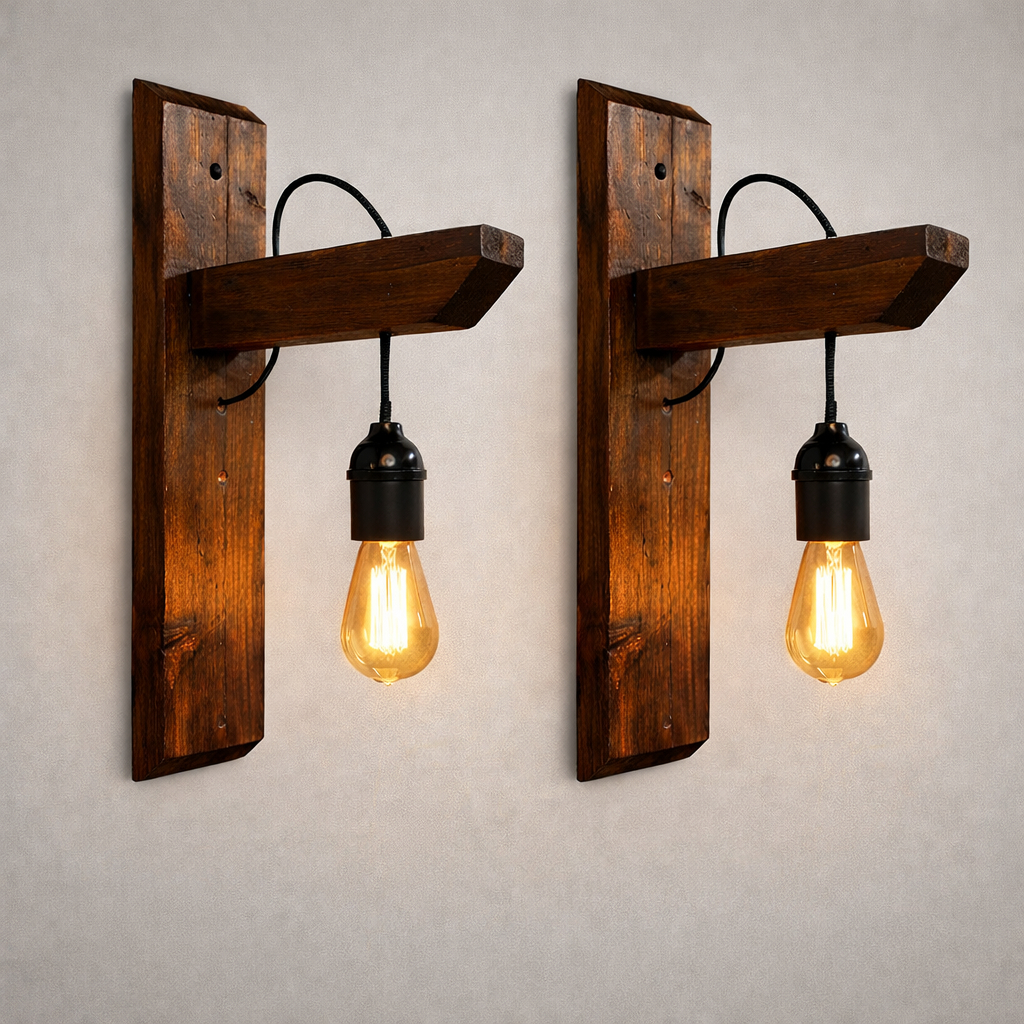 Arandela Rústica de Madeira Kit com 2 Luminárias Estilo Industrial Retrô Decoração Parede Varanda