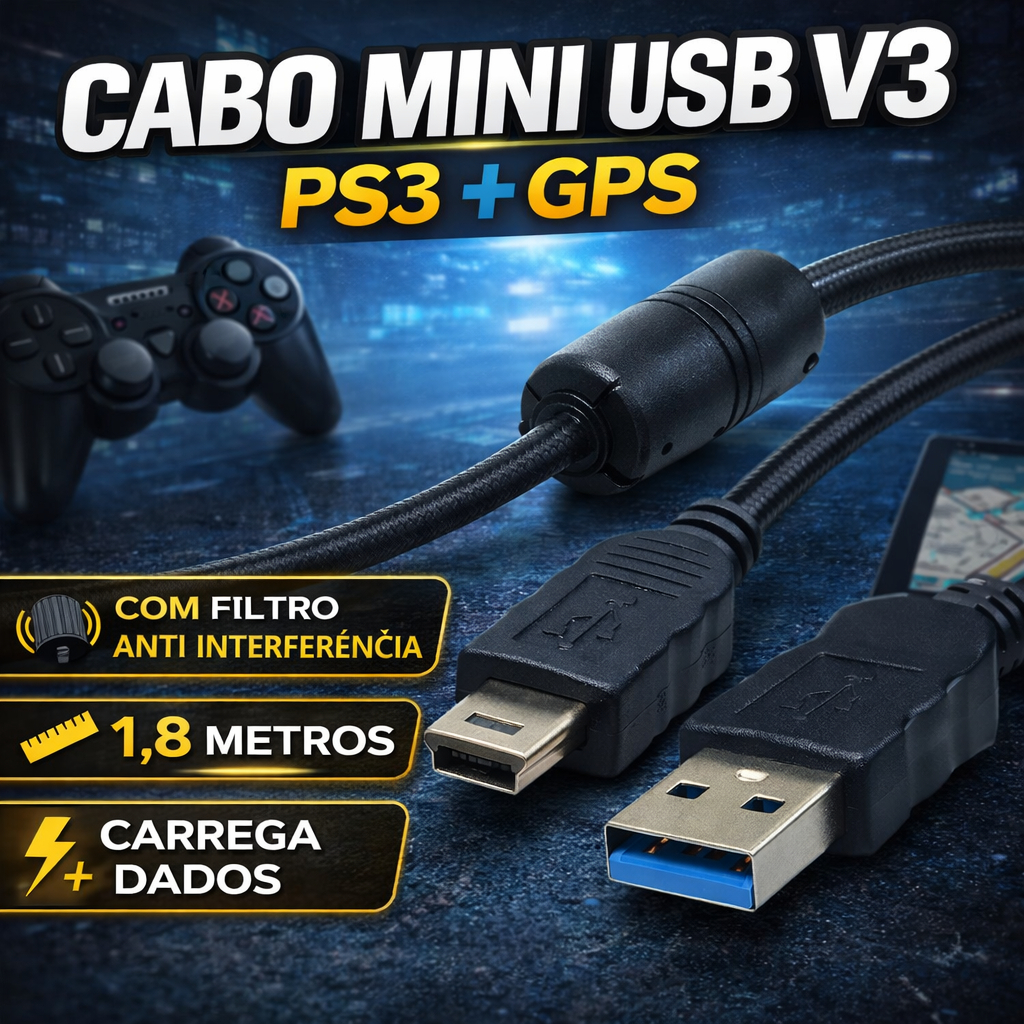 Cabo Mini USB V3 1.8m Com Filtro PS3 Controle + GPS + Transferência Dados