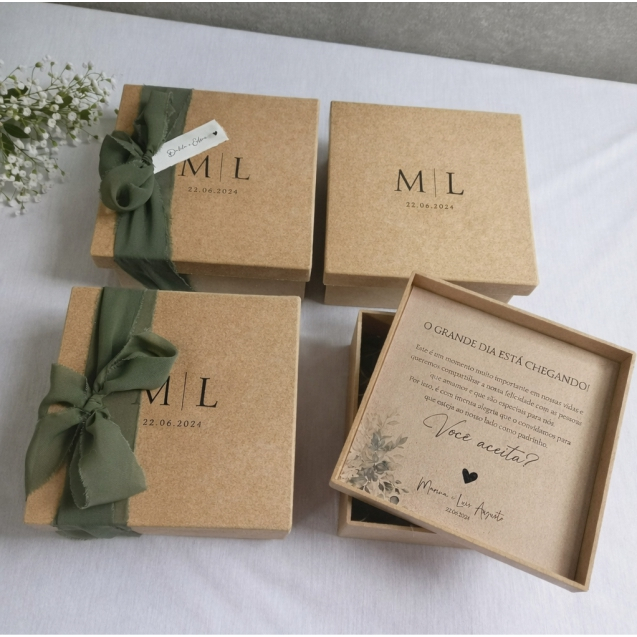 Convite de Casamento para Padrinhos Minimalista Folhagem ou Floral | Caixa MDF Tamanho 15x15x7cm