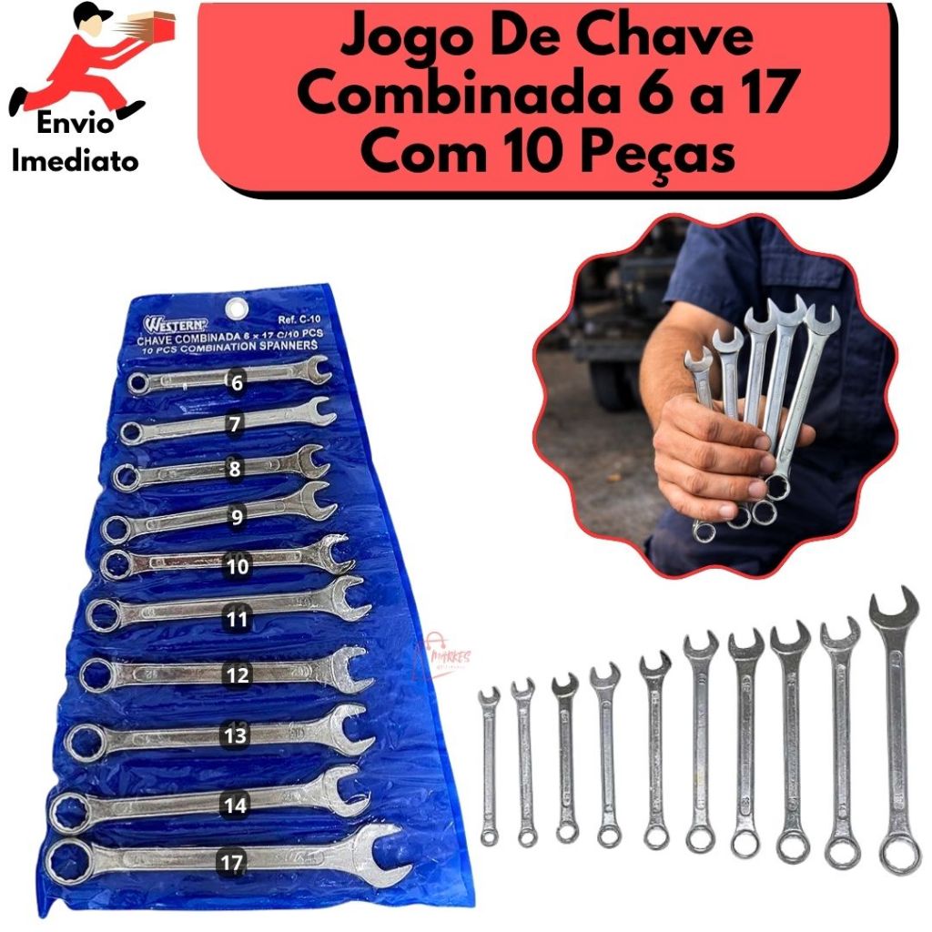 Jogo De Chave Combinada 6 À 17mm Boca E Estrela 10 Peças Aço Carbono Ferramentas P/ Dia Dia em Oferta na Shopee