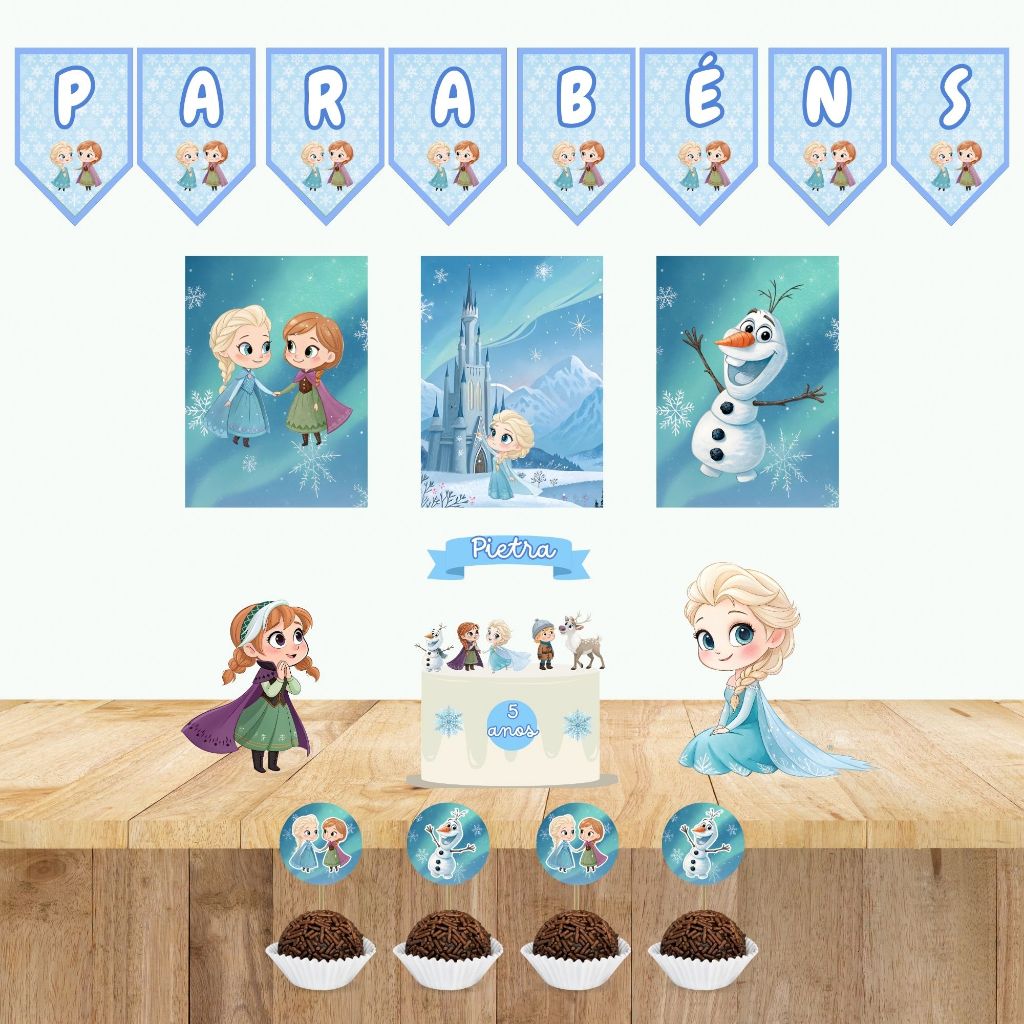 Kit Só Um Bolinho Frozen cute  | Topo de bolo + Bandeirola+ Poster + Tags de doce+ Display | Decoração Festa