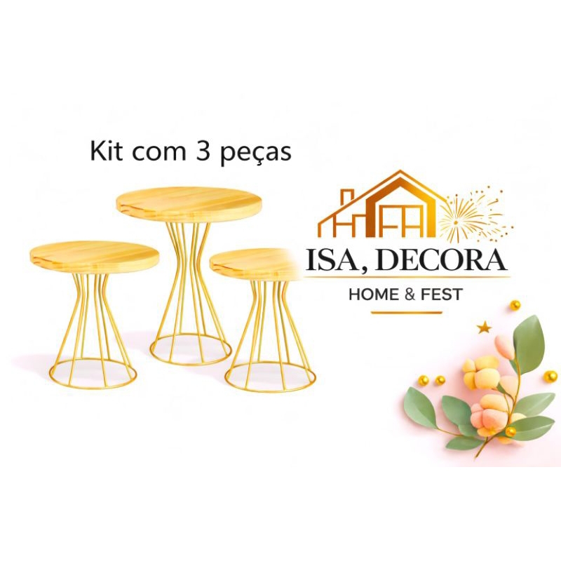 Conjunto Bandejas Kit 3 Boleira Dourada 1 Grande e 2 Medias Porta doces em ferro e madeira para Festas e Eventos