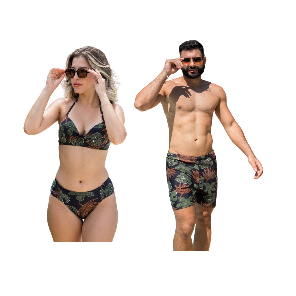 Kit praia casal biquíni feminino com bojo e aro + bermuda masculina