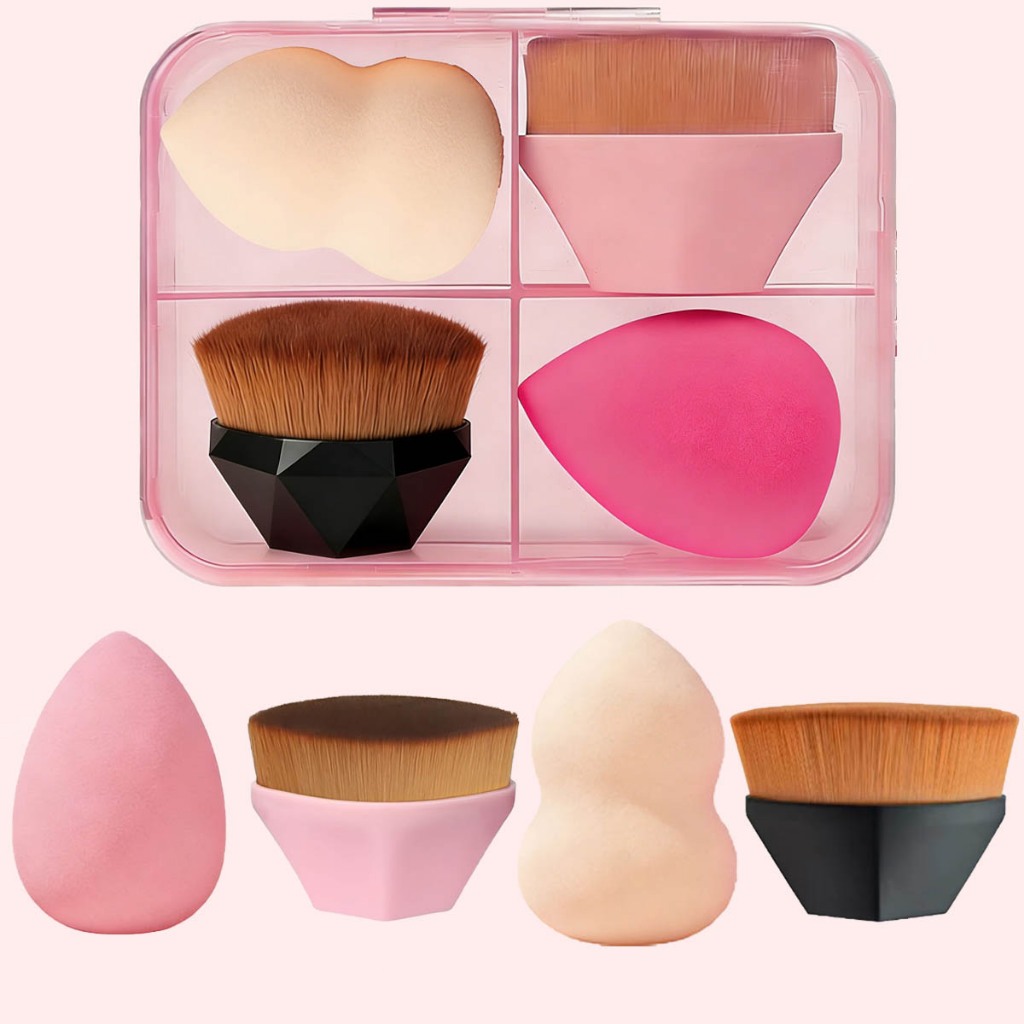 Kit 4 Peças Conjunto Pincel Esponja de Maquiagem, 2 Pincéis Para Base + 2 Esponjas De Maquiagem, Uso Úmido E Seco