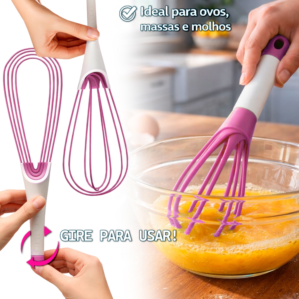 Fouet Dobrável Silicone Antiaderente Cabo Ergonômico Misturador Ovos Massa