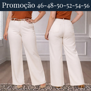 Calça Plus Size Wide Leg OffWhite com Cinto Cintura Alta Modeladora Pantalona de Shpping em Oferta na Shopee