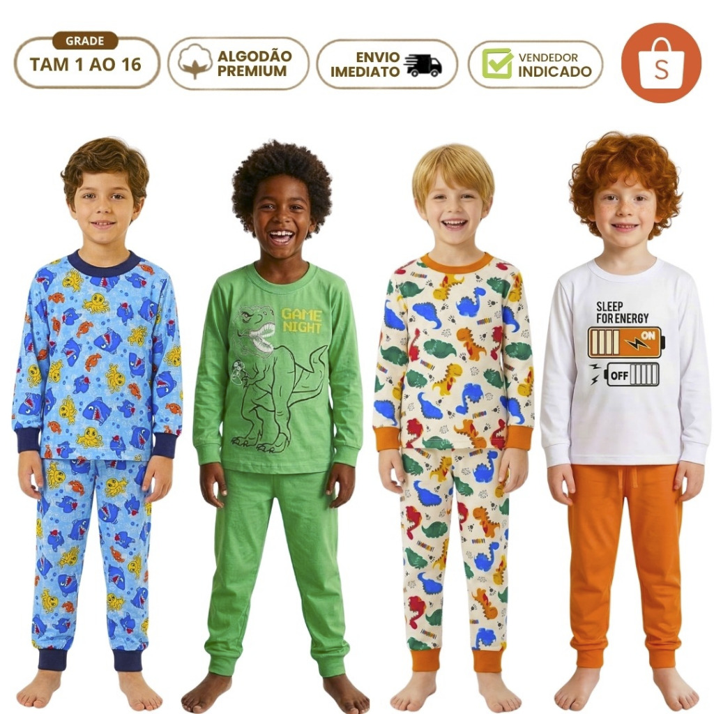 Kit 4 Peças Conjunto Pijama Infantil Menino Inverno Roupa de dormir Frio Algodão Dino 2 Camiseta 2 calça