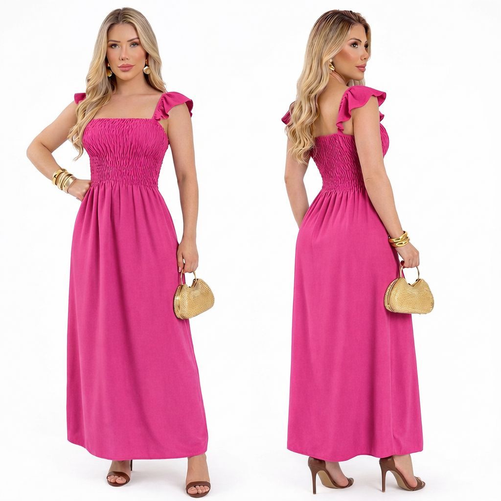 Vestido Longo Liso com Alças Babado Viscolinho com Forro e Elástico na Cintura Elegante Festa Trabalho Moda Tendência