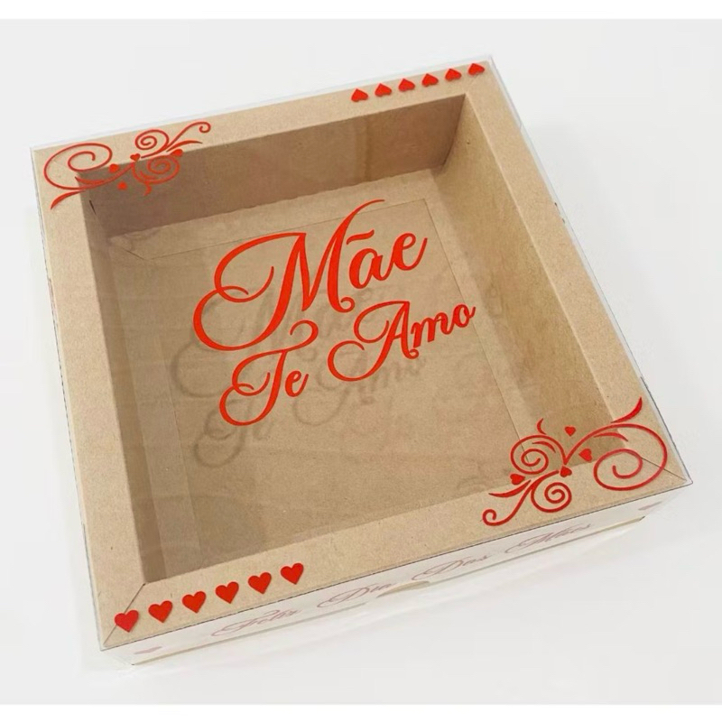 Kit 2 caixas de 16x16x5 cm Dia das Mães para Presente com Visor Caixa Kraft Mãe Te Amo