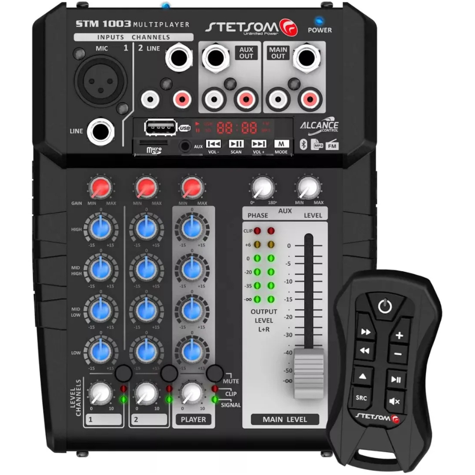 Mesa de Som STETSOM STM1003 Automotiva Mixer Bluetooth USB FM Equalizador 4 Bandas Alta Fidelidade
