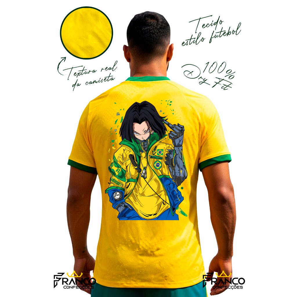 Camiseta Tradicional Dry Fit Android 18 Brasil Seleção Brasileira Copa do Mundo DBZ Camisa Unissex