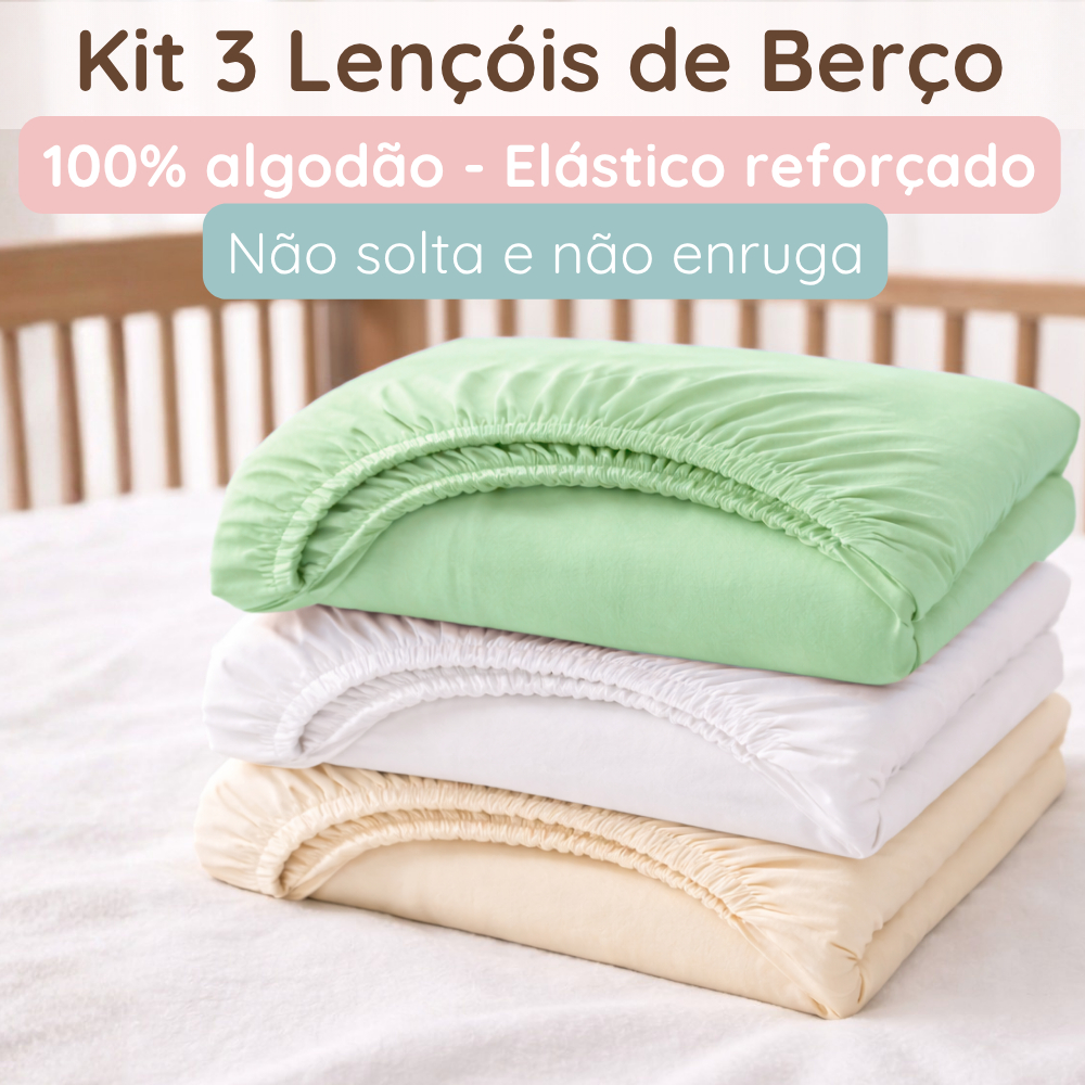Kit Lençol Berço Americano com Elástico 100% Algodão 1,38x76 Macio 3 Peças Bebê Menino Menina