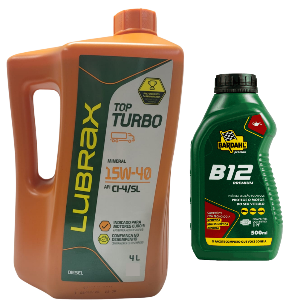 Kit Bardahl B12 Diesel Premium 500ml + Galão Óleo 15w40 Mineral Top Turbo 4 litros Lubrax
