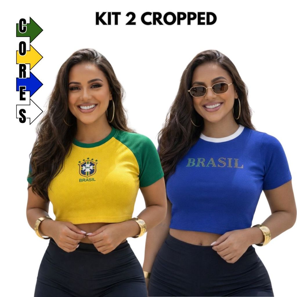 Kit Com 2 Cropped Copa do Mundo Feminino Ribana Brasil 2026 Combo Verão