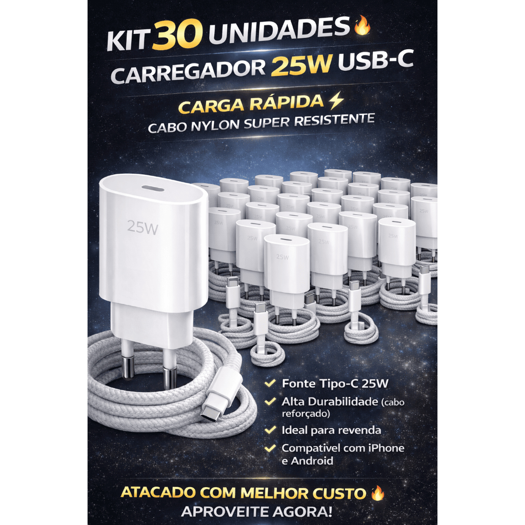 Lote 30 Unidades Carregador  Completo Turbo 25w + Cabo Tipo-C Homologado Anatel - Qualidade Premium"