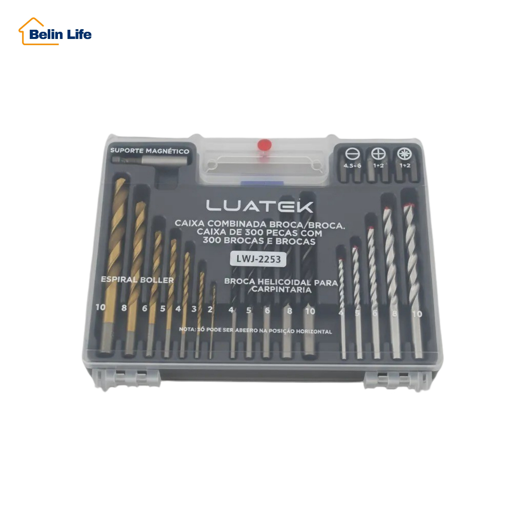 Jogo 300 Peças Brocas Madeira Metal Concreto + Buchas 5/6/8/10mm + Bits Fenda Phillips Torx com Maleta
