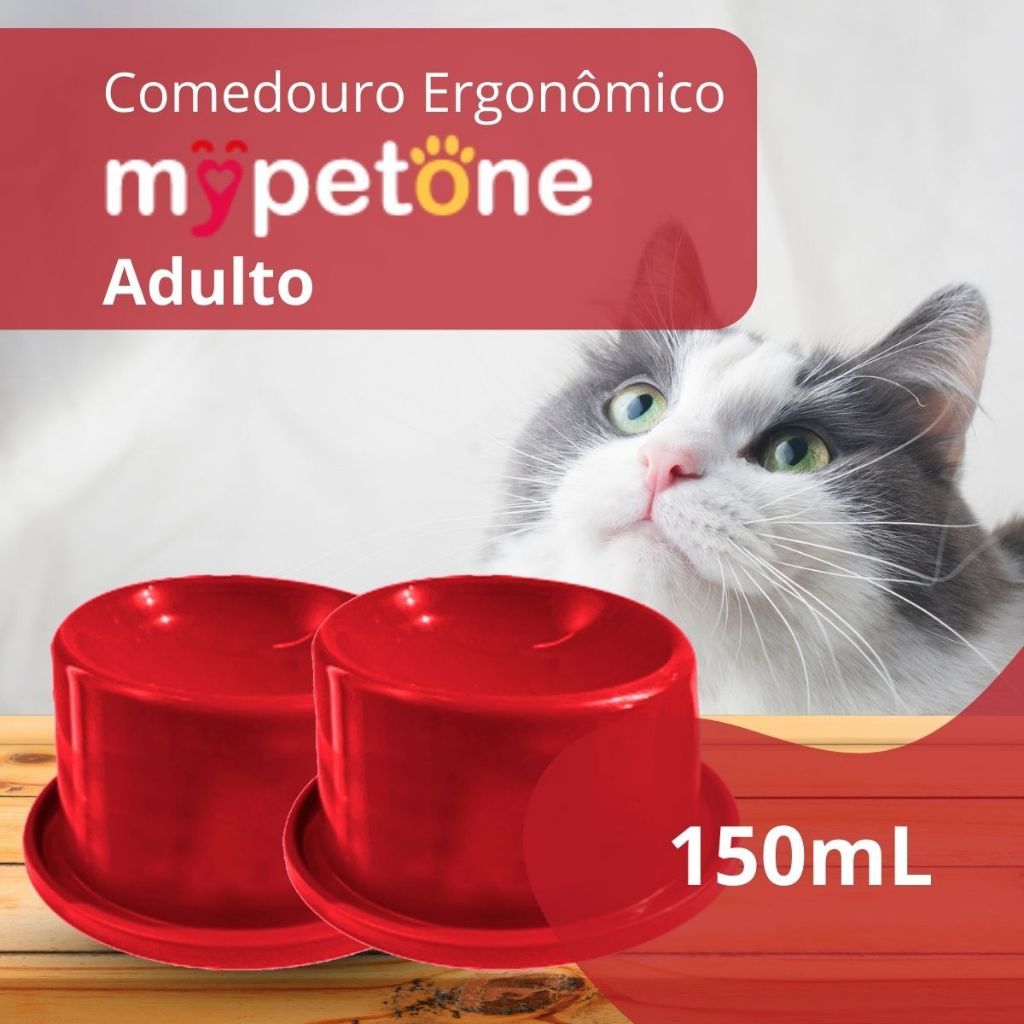 2 Comedouro Cão e Gato Ergonômico Alto 150ml Mypetone Vermelho Adulto/Filhotes